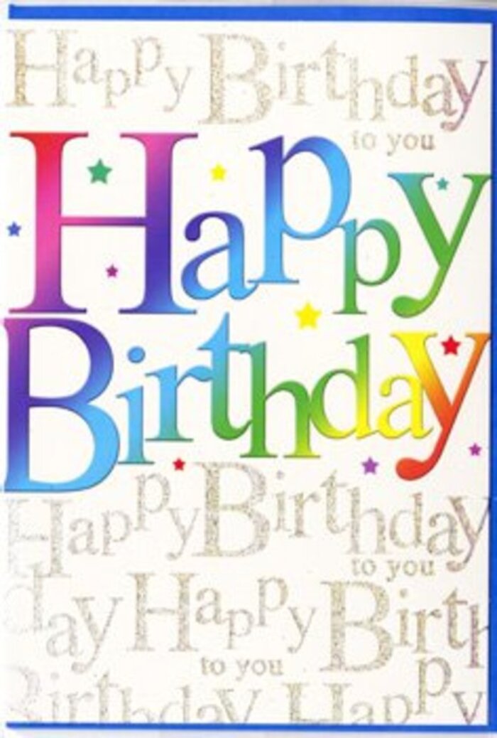 The birthday card in this image radiates a sense of joyful occasion, as though it has been designed to echo the atmosphere of a lively celebration in one of Downe's cosy homes. The central focus is the bold Happy Birthday message sprawling across the front, each letter generously sized and shaped with softly rounded edges that feel inviting and playful. The colouring moves in a smooth, painterly gradient: deep cherry red transforms into coral and orange, then slides into lemon yellow, fresh spring green, cool turquoise, and finally into rich blues and gentle purples. The colours appear lightly blended where they meet, similar to the way a skilled florist might transition from warm-toned roses to cooler-toned blooms in a single jubilant arrangement. Set behind these striking letters is a field of repeating cursive text spelling out Happy Birthday to you in delicate, golden strokes. The script is fine and intricate, reminiscent of handwriting in a treasured card saved for years, and it catches the light with a shimmer that suggests a dusting of gold foil, like sunlight skimming the leaves in gardens around Downe. Tiny scattered stars and subtle flecks of colour float across the design, invoking the feeling of confetti gently settling after being tossed in delight. The card's surface appears smooth with a slight sheen, giving the impression of quality cardstock chosen with care. The overall composition strikes a beautiful balance between vivid exuberance and thoughtful detail, ideal for someone whose birthday you want to mark with a gesture that feels both fun and genuinely heartfelt, as memorable as a shared afternoon walk through nearby countryside.