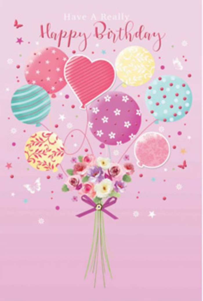 This enchanting birthday scene is imagined as if it were drifting softly above the hedgerows and cottages of Downe, turning a simple greeting into a story of light, colour, and flowers. The background is a gentle, rosy pink-warm and welcoming, like early evening skies over the Kent countryside. Rising from the base is a bouquet of balloons in tender pastel shades: pale sunshine yellow, mellow sea green, powdery lavender, and sweet blush pink. Each balloon has its own personality, detailed with swirling stripes, dotted confetti, and delicate floral motifs that invite the eye to linger. They seem to lift a small garden upward, creating the illusion that the bouquet itself is weightless. At the base, a hand-tied arrangement of petite roses and soft, daisy-like blooms forms a compact, rounded cluster. Their petals are velvet-soft in appearance, with creamy centres that fade outward into shades of rose and mauve, echoing the colours of the balloons above. A neatly tied purple satin bow secures the stems, its sheen adding a refined touch that suggests a florist's practiced hands-perhaps prepared for a birthday surprise being delivered to a home near Down House or along one of the village's leafy lanes. Around the design, tiny butterflies and sparkling stars drift like confetti on the breeze, hinting at laughter, shared cake, and the simple joy of gathering to celebrate. The overall mood is one of gentle jubilation, a birthday moment that feels both intimate and dreamlike, as if held lovingly in the air for just a little bit longer.
