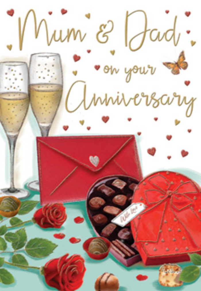 Elegant anniversary card artwork depicting a cosy celebration, described with the eye of a Downe village florist. The design centres on two classic red roses laid gently across a pale tabletop, their petals velvety and tightly whorled, with soft shadows suggesting depth and fullness as if freshly cut from a bouquet destined for a family home near Downe Court Road. Clusters of deep green leaves fan out beneath the blooms, adding a natural frame that enhances the lush, romantic feel. Close by, a heart-shaped box of chocolates sits invitingly open, its interior carefully illustrated to show a selection of round and square truffles, each with its own swirl or topping. A broad, scarlet satin bow is tied around the lid, the ribbon's sheen catching the light in soft highlights that convey texture and luxury. Behind this tempting arrangement stand two slender champagne flutes, filled almost to the brim with sparkling, golden champagne. Trails of tiny bubbles rise through the clear glass, and faint reflections curve along each flute, suggesting gentle, ambient lighting such as candles on a small anniversary table. Scattered around the scene, golden and crimson hearts float weightlessly, framing hand-lettered words dedicated to Mum & Dad, their script loose and affectionate. In the foreground, a bright red envelope lies flat, sealed and untouched, an intimate promise of loving words inside. The composition blends warm reds, mellow golds, and soft neutrals into a scene that feels both celebratory and homely, calling to mind the kind of anniversary evening that pairs a hand-tied bouquet from Flowers Downe with chocolates, champagne, and a heartfelt card shared quietly between parents who have journeyed together for many years.