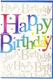 This richly coloured birthday card feels like a little burst of celebration you could pick up along your way through Downe and carry straight to a loved one's door. Dominating the scene, the phrase Happy Birthday arcs confidently across the front in large, soft-edged letters, each one dressed in its own sweep of colour. The gradient glides from bold reds and hot pinks into vivid orange and sunshine yellow, before cooling into lush greens, serene blues, and hints of violet, much like a hand-tied bouquet laid out in colour order in a local Downe florist's studio. The transitions are gentle and slightly misted at the edges, giving the typography a cushioned, almost velvety appearance. Behind this exuberant front layer, the background is alive with fine cursive writing that repeats Happy Birthday to you again and again in shimmering gold, with subtle touches of silver light. The script is delicate and rhythmic, almost like a quiet chorus of voices offering warm wishes in the background of a family gathering. Here and there, miniature star shapes and tiny dots of colour sparkle against the backdrop, evoking confetti sprinkled over a party table or the twinkle of fairy lights on a village evening. The card's finish looks smooth and semi-glossy, allowing the gold script and rainbow letters to catch any nearby light, rather like the way petals gleam under a shaft of sun. The overall impression is one of upbeat, heartfelt joy-a card meant not just to say Happy Birthday, but to make the moment feel that little bit brighter and more special.