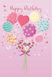 On a soft pink canvas reminiscent of a calm Downe sunset, this birthday illustration captures the feeling of balloons and flowers just about to lift into the sky. At the centre, a playful cluster of pastel balloons rises together, their rounded shapes overlapping like clouds of colour. Some are brushed with candy-striped bands in peach, teal, and lilac; others are sprinkled with delicate polka dots or swirling accents that dance across the surface. One heart-shaped balloon glows with particular warmth, hinting gently at affection and the love behind the birthday wish. Below this airy procession, a compact bouquet of fresh blooms gathers the colours of the sky into something you might imagine being hand-delivered to a doorstep near Downe High Street. Creamy ivory roses, blush-toned blossoms, and anemone-like flowers in soft mauve nestle closely together, their feathery petals giving an impression of lightness and fullness at once. The stems are drawn together by a violet satin bow, its loops and tails catching the light as though they were real ribbon tied by an attentive florist. Tiny stars and little butterfly silhouettes are scattered around the composition, echoing the countryside charm and suggesting gentle motion, like petals carried on a breeze drifting through local gardens. The scene feels airy, sweet, and quietly festive-a picture of a birthday that is meant to be cherished, where thoughtful design and a sense of place come together in one uplifting moment of colour and joy.