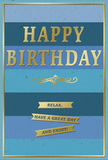 This elegant birthday card captures a mood of quiet celebration, blending soothing blues with softly shimmering gold in a way that feels right at home in the relaxed pace of Downe. The background is arranged in broad, even horizontal stripes that graduate from a dark, almost midnight navy through rich sapphire and teal to a gentle sky blue, suggesting layers of calm like a horizon seen from the village fields. Centered across these bands, the greeting HAPPY BIRTHDAY appears in large, embossed gold lettering. The capital letters are neat and precisely spaced, raised just enough that a fingertip could follow their contours, sending back little glints of light like sun catching the edges of picture frames in a Downe cottage. Just below, a delicate golden flourish curls outward, lending the design a touch of classic, almost vintage character. Beneath this motif, three slim golden banners are aligned one beneath another, each ribbon contributing to the complete message: Relax, have a great day and enjoy! The foil on these banners reflects a warm, subtle glow, standing out from the velvety matte finish of the blue stripes behind. A narrow gold border encircles the entire image, tying the elements together as neatly as a ribbon around a thoughtfully chosen gift. You might imagine this card resting beside a small vase of fresh flowers on a kitchen table, waiting to be opened on a birthday morning in Downe, offering not just good wishes but also a gentle reminder to slow down, breathe, and savour the day.