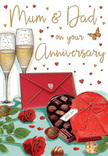 Richly detailed anniversary card illustration that captures the feeling of a special evening for Mum & Dad in Downe. The artwork shows two luxurious red roses placed on a light surface, their petals deeply layered and soft-looking, with hints of darker maroon shadowing that give them a lifelike depth, much like premium stems selected by a careful florist. Fresh green foliage peeks out from behind the blooms, the leaves slightly serrated and gently curved, adding a cool contrast to the intensity of the red. Beside the flowers rests an open, heart-shaped box of chocolates, its lid tipped back to reveal a tidy array of round and square pralines and truffles, each nestled in its own little compartment. The box is wrapped in a dramatic red ribbon, tied into an opulent bow whose loops and tails sweep gracefully across the design. Just behind, two elegant champagne flutes stand close together, filled with sparkling golden liquid; delicate streams of bubbles rise steadily, and the glass reflects a warm glow, suggesting an intimate anniversary toast at a kitchen table somewhere off Cudham Lane. Scattered golden and crimson hearts drift across the background, surrounding a handwritten-style message dedicated to loving parents, conveying romance and family affection without overpowering the imagery. In front lies a vivid scarlet envelope, its flap sharply defined and firmly closed, hinting at a personal message tucked safely inside. The scene blends opulent reds, shimmering golds, and soft, creamy tones into a single composition that feels indulgent yet comforting, echoing the kind of thoughtful anniversary surprise that might arrive with same-day delivery to homes throughout Downe.